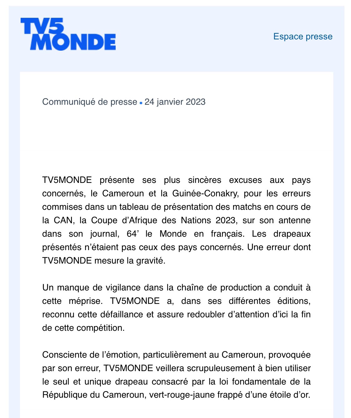 CAN 2023 : TV5Monde s'excuse après la confusion des drapeaux camerounais et  guinéen
